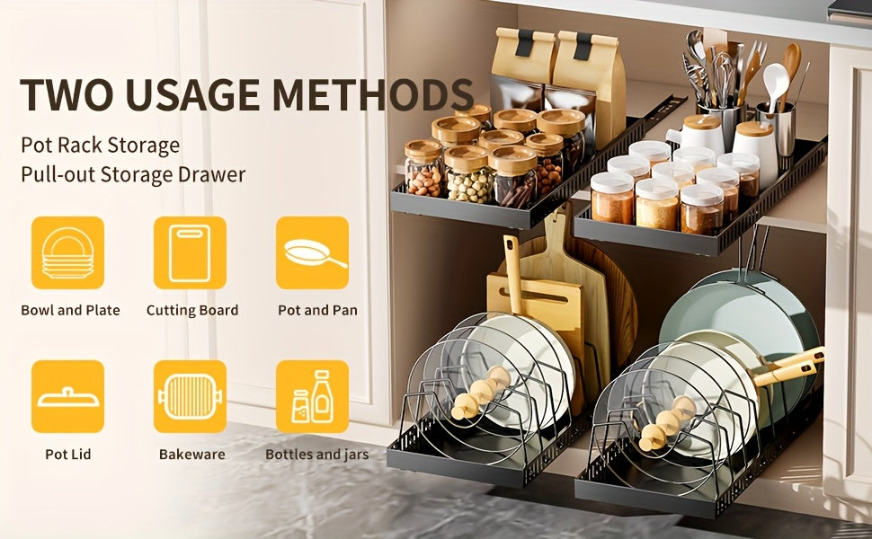 Pull-Out Cabinet Organizer with Adjustable Dividers – Sliding Pot Lid Holder & Pan Rack for Kitchen Cabinets, Drill-Free Install, Space-Saving Under Cabinet Storage for Lids, Pans & Bakeware