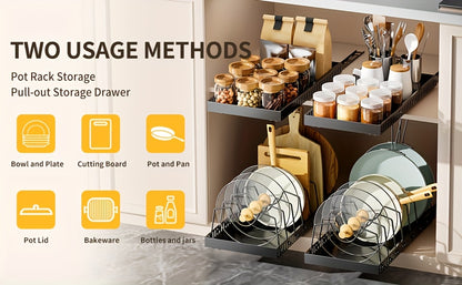 Pull-Out Cabinet Organizer with Adjustable Dividers – Sliding Pot Lid Holder & Pan Rack for Kitchen Cabinets, Drill-Free Install, Space-Saving Under Cabinet Storage for Lids, Pans & Bakeware