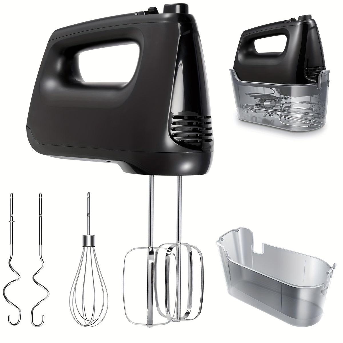 Electric Hand Mixer with Storage Case, 5-Speed Plus Turbo Handheld Mixer, 5 Stainless Steel Attachments – 2 Beaters, 2 Dough Hooks & 1 Whisk, 250W Power, Blue, Black, White & Silver