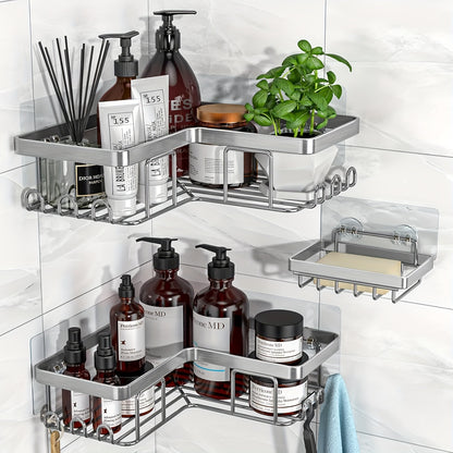Corner Adhesive Shower Caddy 3 Pack – No Drill Wall Mounted Shower Organizer with Soap Holder & 12 Hooks, Rustproof Stainless Steel Bathroom Shelf, 8 Colors