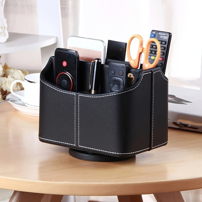 360° Swivel Remote Control Holder 5 Compartments PU Leather Desktop Organizer Caddy - Multifunctional Storage Box for TV Remotes Phones Glasses Cosmetics Stationery - Home Office Decor