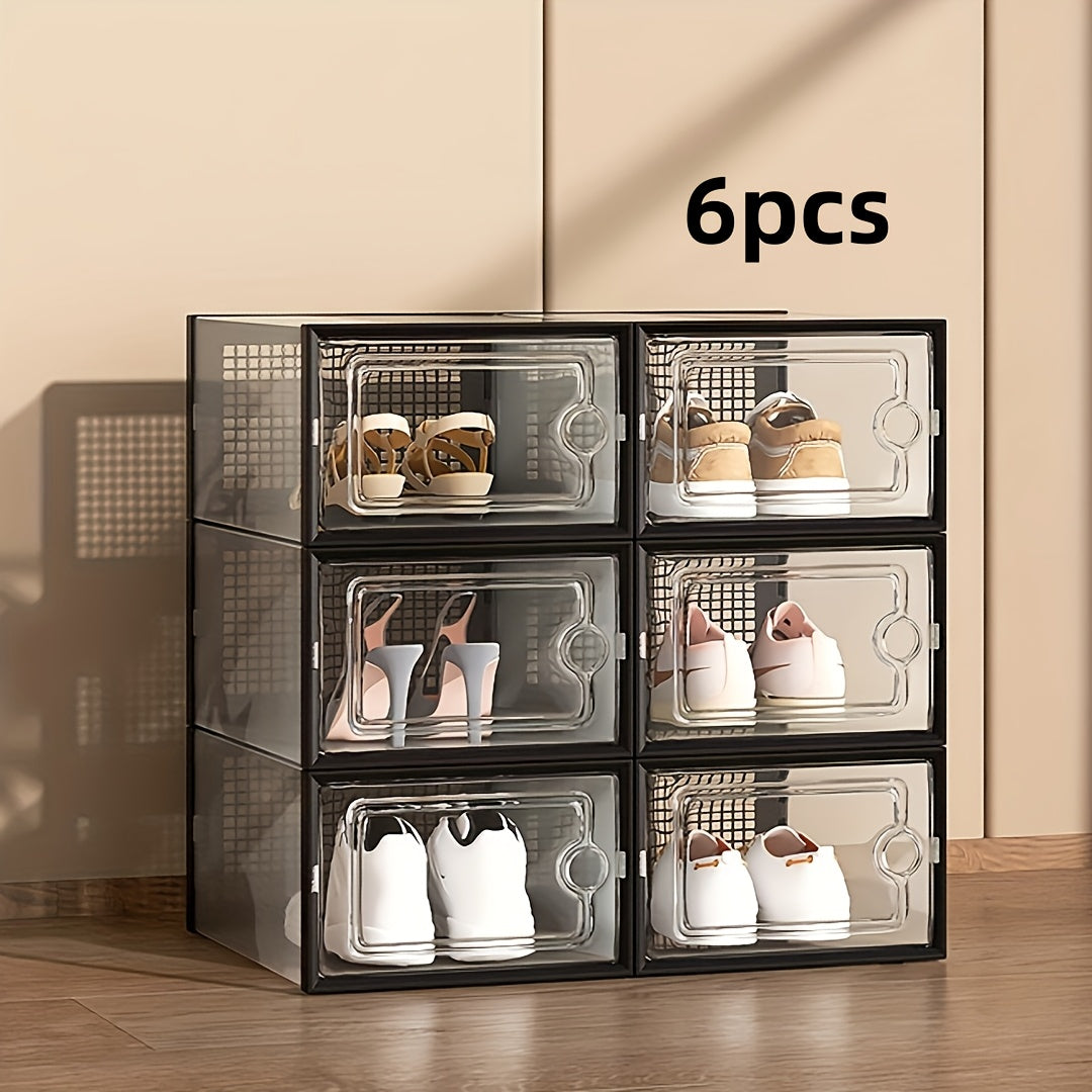Shoe Boxes Clear Stackable with Lid 12/24pcs – Thickened Transparent Foldable Sneaker Storage Organizer for Entryway Bedroom Closet Dorm, Black White Gray