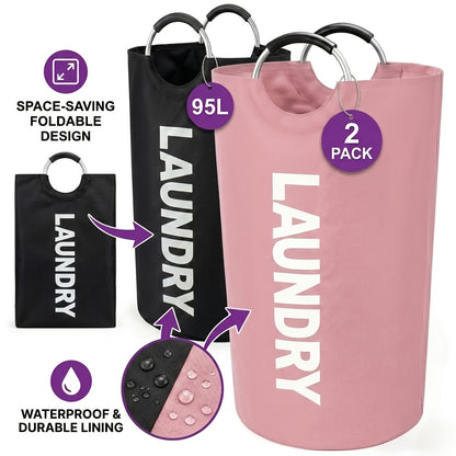 Large Foldable Laundry Basket Waterproof with Padded Handles – Freestanding Dirty Clothes Hamper for Bathroom Bedroom Home, 1pc or 2pcs Multi-Color Options