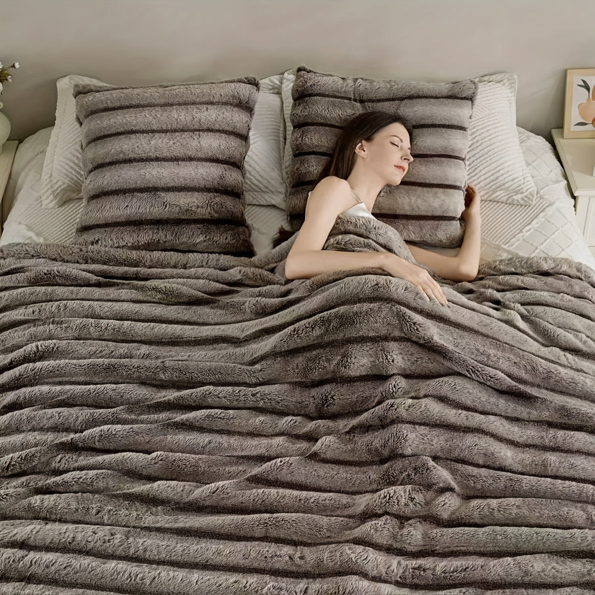Faux Rabbit Fleece Blanket, Double Layer Thickened Soft Warm Throw – All Season Reversible Blanket for Adults, Couch, Bed & Travel, Machine Washable, Throw / Twin XL / Queen / King, Grey Khaki Beige