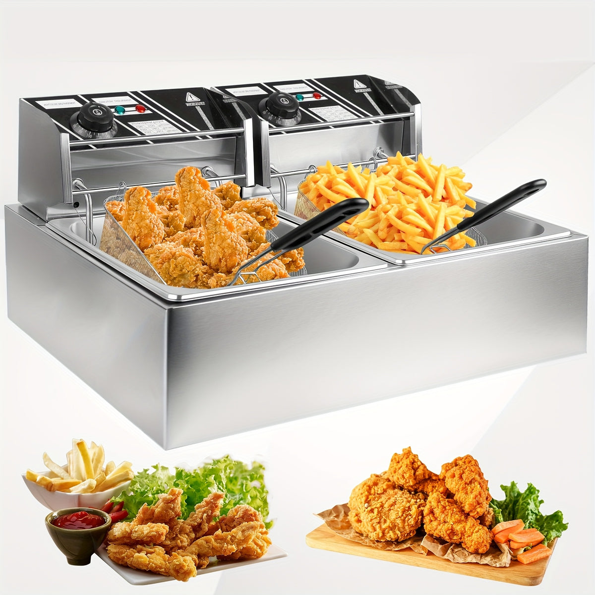 Commercial Electric Deep Fryer Dual Basket 3.17 Gal 5000W High Power Adjustable Temperature 140-392°F Rotating Fryer Heads - Restaurant Grade Home Kitchen Countertop Oil Fryer