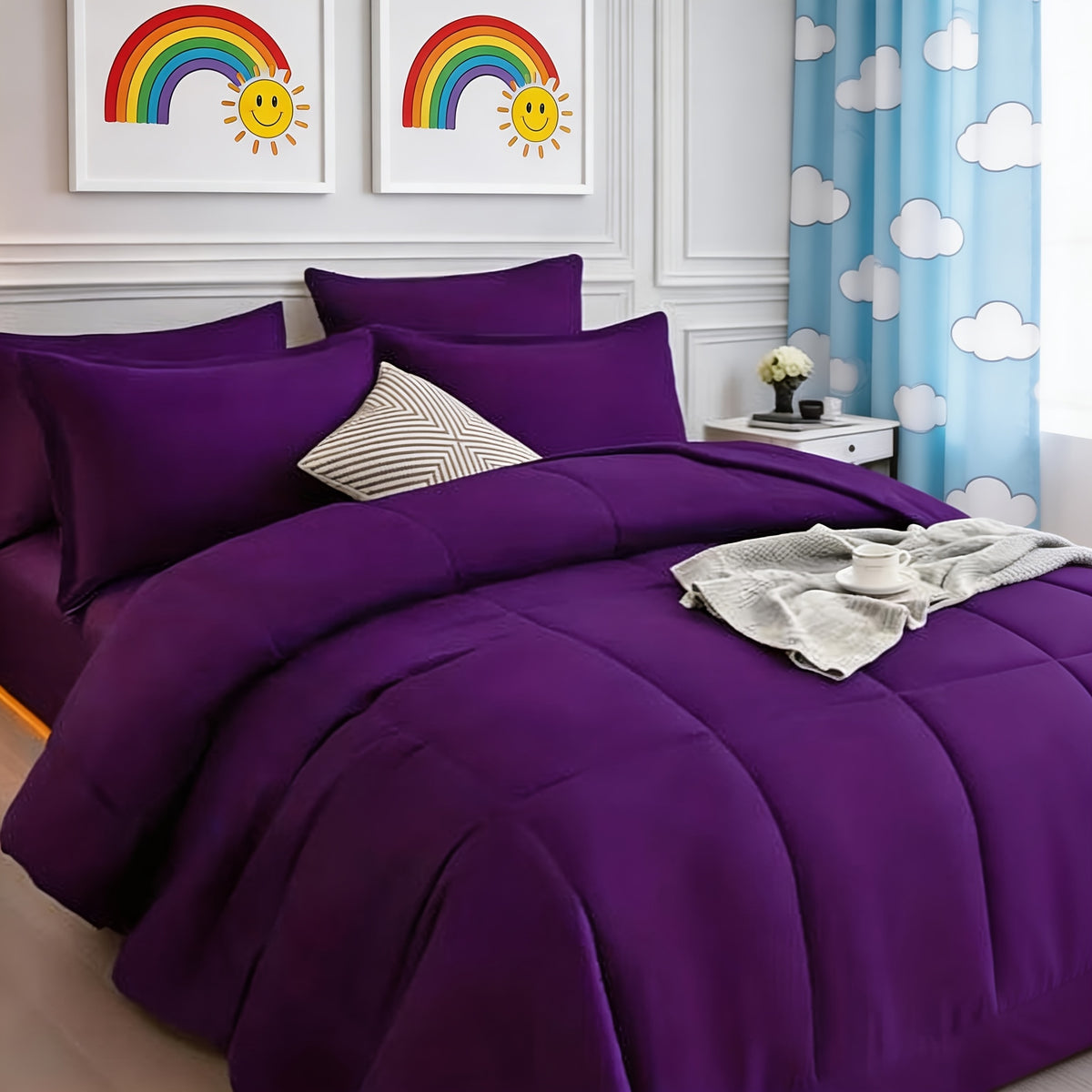 Comforter Sets Queen King Full 7 Piece Bed in a Bag – Soft Satin-Like Fabric, Breathable Quilt Set with Fitted Sheet, Flat Sheet & 4 Pillowcases, Multiple Colors for Bedroom Hotel School