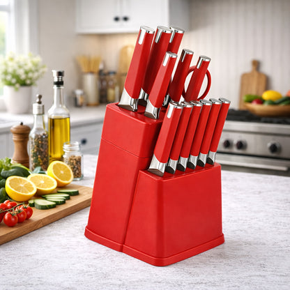 13-Piece Kitchen Knife Set with Block Holder - Chef Knife, Bread Knife, 6 Steak Knives & Scissors - Sharp Stainless Steel Blades, Durable Ergonomic Handle, Perfect Housewarming Gift for Home Kitchen